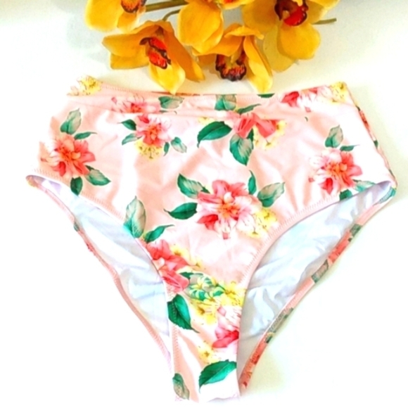 CUPSHE PEACH FLORAL HI-WAIST BIKINI BOTTOM SIZE MEDIUM NWT - Picture 1 of 9